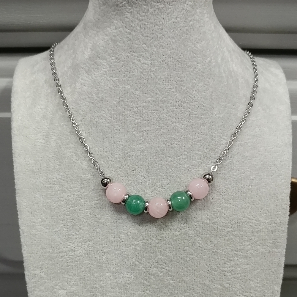 Rose Quartz Aventurine Beaded Necklace Natural Gemstone Crystal Stainless-Steel